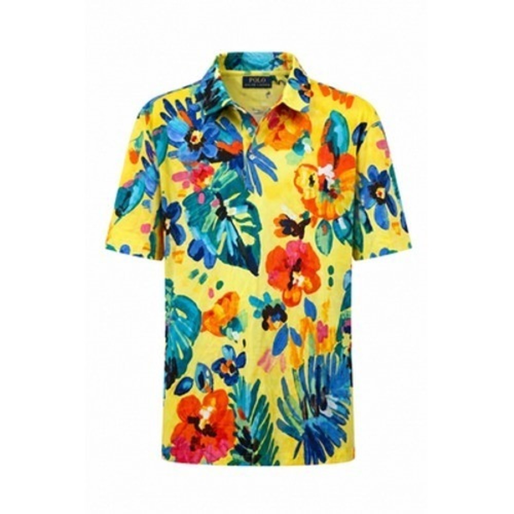 Polo Ralph Lauren Blaire Polo Shirt Men XLT Yellow Floral Hawaiian Print NWT
